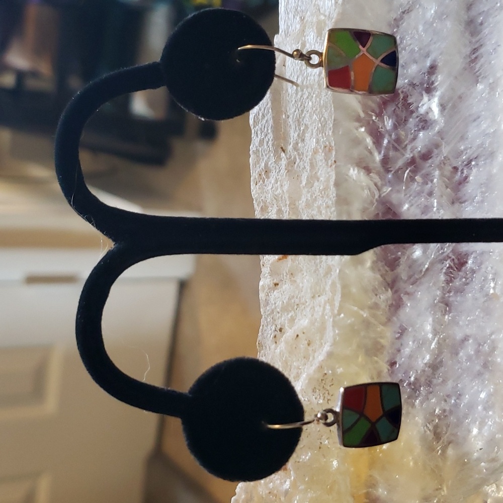 Vintage Inlaid Sterling Multi Stone Southwestern Handcrafted Artisan Earrings - Picture 9 of 11